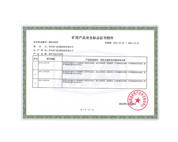 礦用產品安全標志證書附件